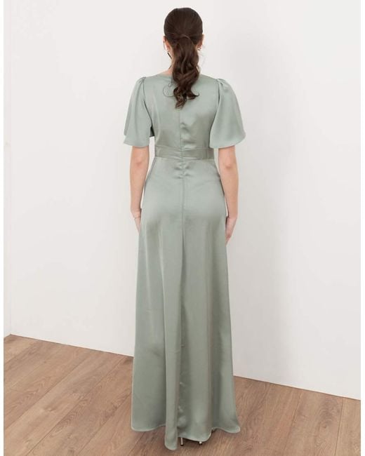 Maya Green V Neck Angel Sleeve Satin Maxi Dress