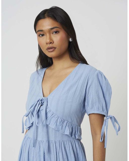 Brave Soul Blue Puff Sleeve Maxi Dress With Tie And Ruffle Details