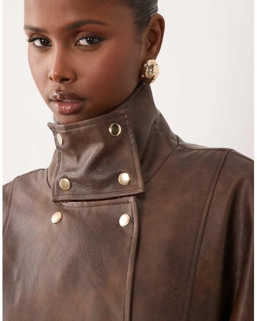 Bardot Brown Faux Leather High Neck Button Detail Longline Trench