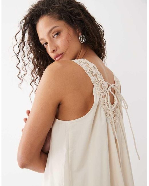 ASOS White V Neck Smock Poplin Maxi Sundress With Lace Overlay