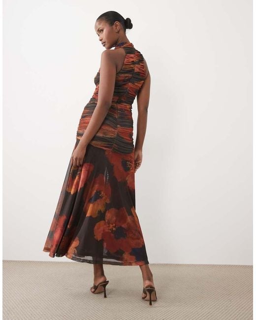 Bardot Brown Mesh High Neck Ruched Side Thigh Split Maxi Dress