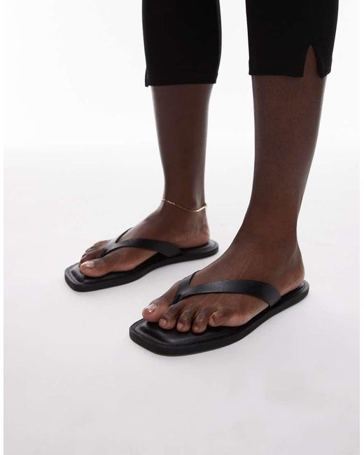 ARKET Black Real Leather Square Toe Chunky Thong Sandals