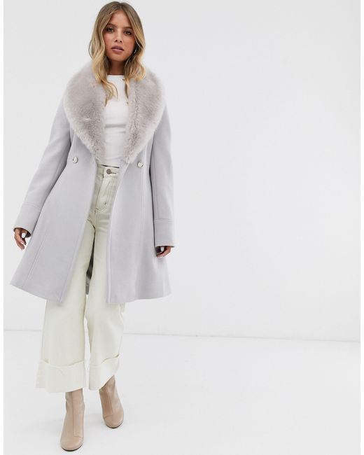 Forever New Pink Midi Wrap Tie Coat With Faux Fur Collar