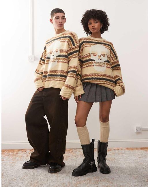 The Ragged Priest Natural Unisex Fair Isle Knitted Stripe Jumper With Skull