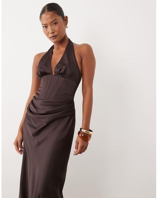 Forever New Brown Satin Plunge Corset Detail Bias Cut Maxi Dress