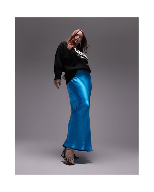 TOPSHOP Blue Curve Satin Bias Midi Skirt