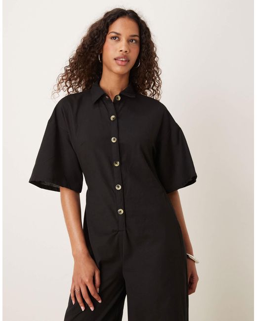 ASOS Black Button Down Collared Wide Leg Jumpsuit