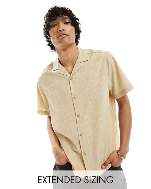 ASOS Natural Short Sleeve Relaxed Fit Revere Collar Crinkle Texture Shirt for men