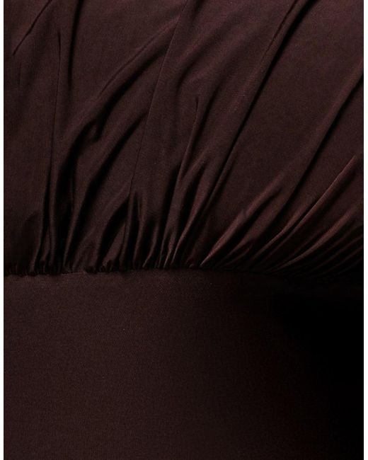 Goddiva Brown Open Back Cowl Neck Gathered Maxi Dress With Velvet Tie Back