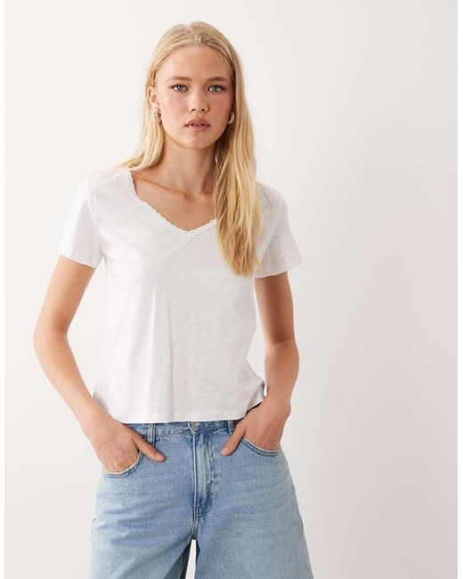 Mango Natural Teen V Neck Lace Trim T-Shirt