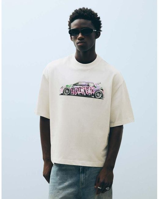 Bershka White Boxy-Fit Printed T-Shirt for men