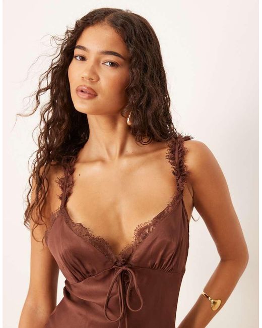 ASOS Brown Frill Detail Cami Satin Slip Mini Dress