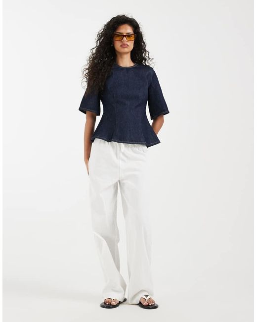 ASOS Blue Denim Short Sleeve Peplum Top