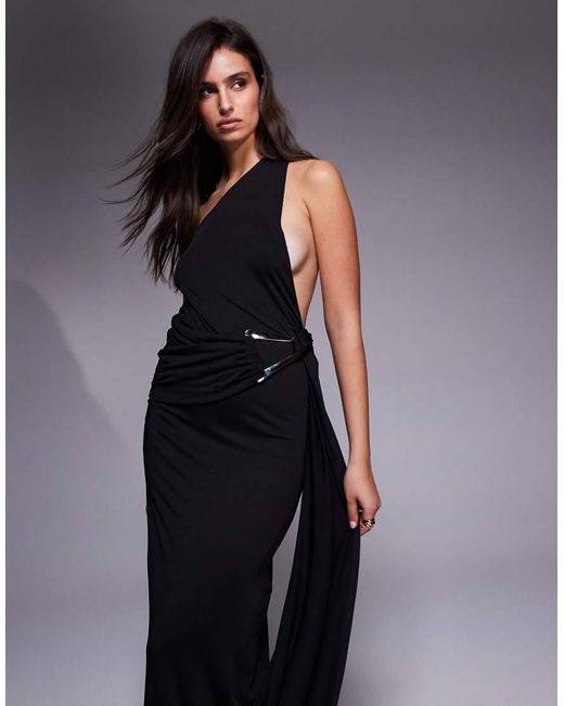 Aria Cove Blue Double Sculpted Slinky Open Back Metal Detail Ruched Drape Detail Maxi Dress