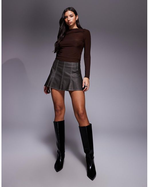 ASOS Brown Faux Leather Contrast Stitch Flippy Skirt