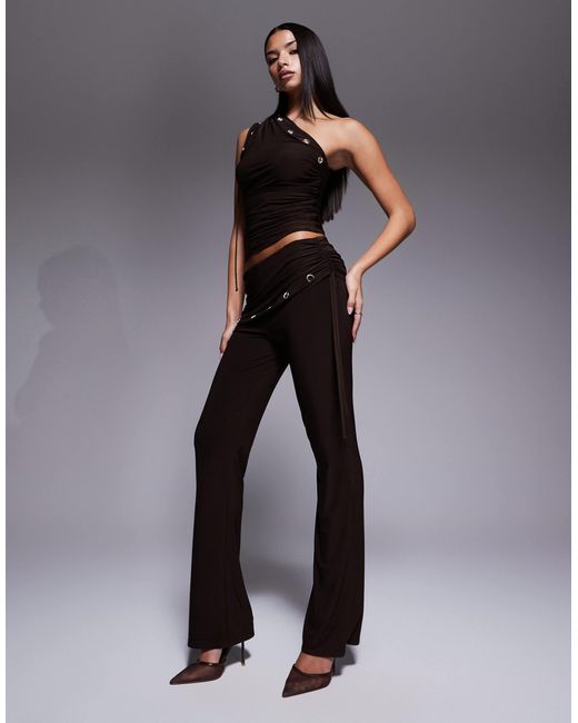 Kaiia Gray Exclusive Double Layered Slinky Ruched Foldover Waistband Eyelet Detail Pants