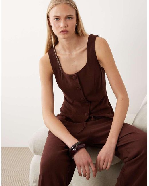Miss Selfridge Brown Linen-blend Waistcoat