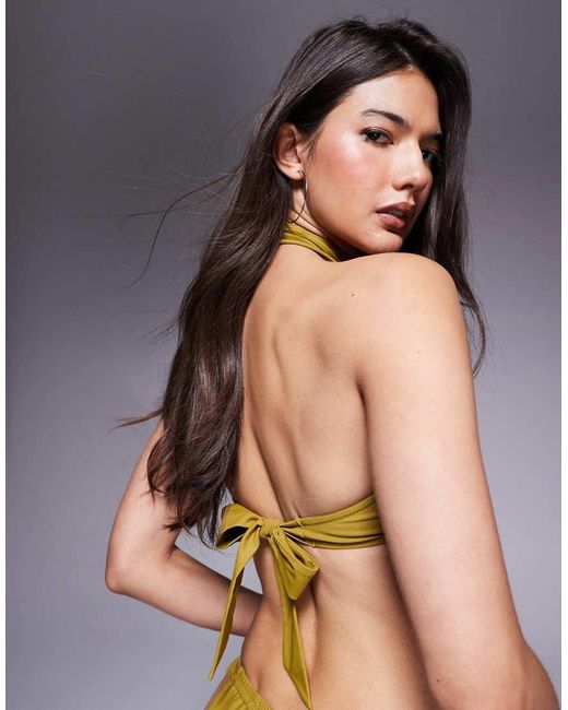 ASOS Green Colette Deep Pleat Bandeau Bikini Top With Oversized Ring And Neck Tie Detail
