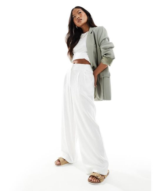 ASOS White Asos Design Petite Tailored High Waist Seam Detail Wide Leg Linen Trousers