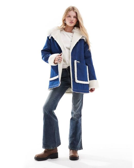 Wrangler Blue Fleece And Borg Denim Aviator Jacket