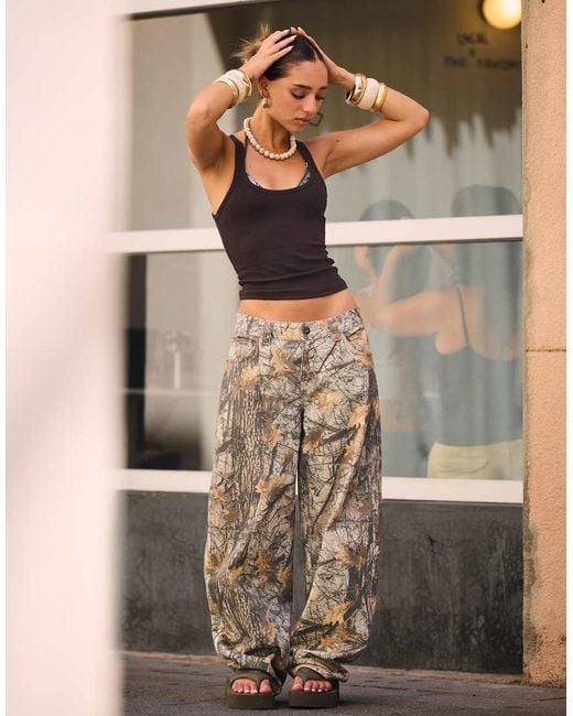 Bershka Natural Printed Barrel Trousers