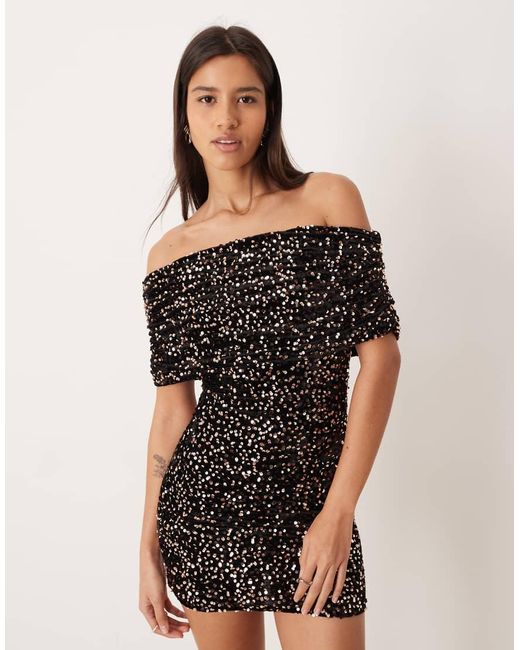 ASOS Black Velvet Sequin Extreme Ruched Bardot Mini Dress
