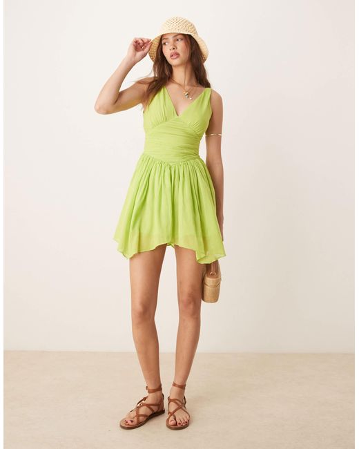 ASOS Green V Neck Mini Dress With Hanky Hem
