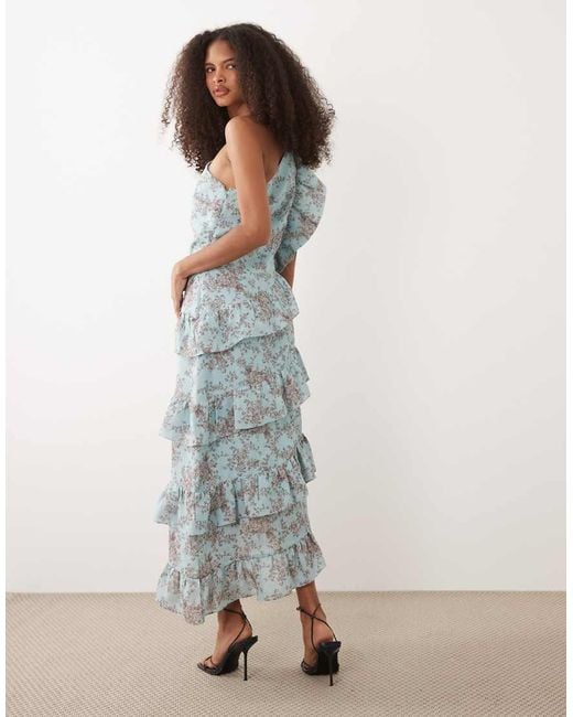 Pretty Lavish White Fleur Linen Mix Tiered One Shoulder Midaxi Dress