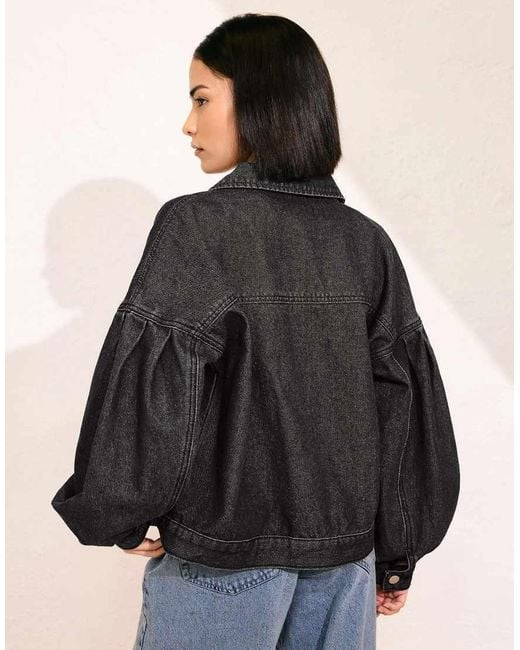 PixieGirl Black Petite Denim Balloon Sleeve Jacket