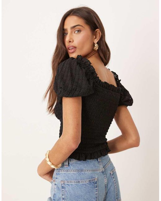 Gina Tricot Blue Puff Sleeve Frill Shirred Top