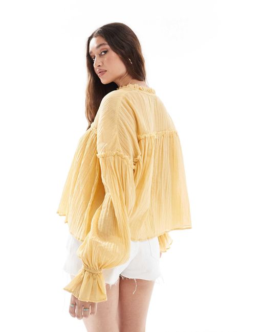 ASOS Multicolor Tie Neck Ruffle Detail Crinkle Long Sleeve Smock Top