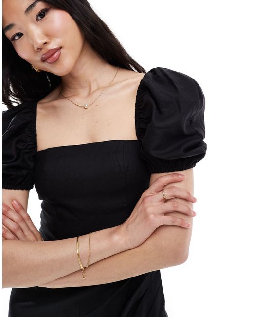 & Other Stories Black Linen Blend Corset Detail Midi Wrap Dress