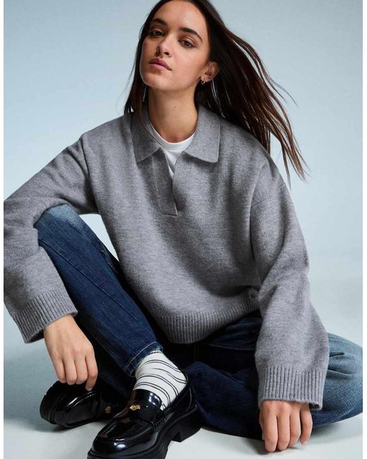 Bershka Gray Polo Collar Sweater