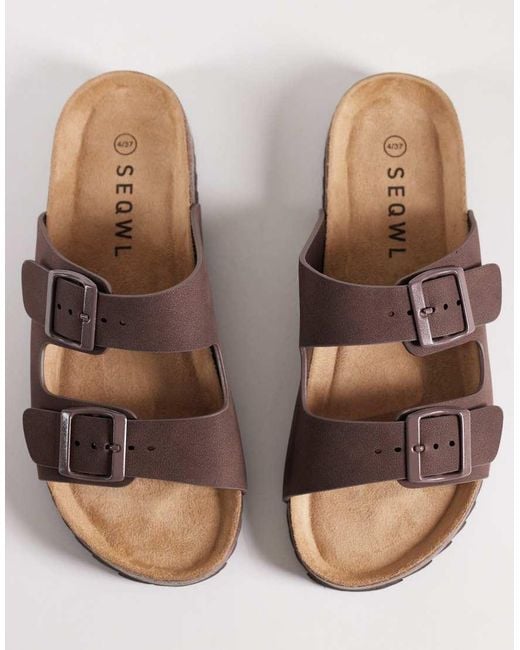 SEQWL Wide Fit Brown Seqwl Olsen Wide Fit Double Buckle Flat Sandals