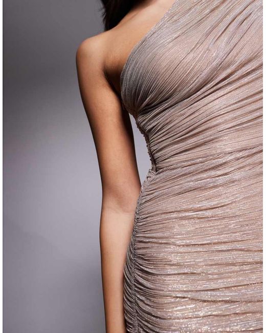 Forever New Metallic Plisse One Shoulder Ruched Maxi Dress