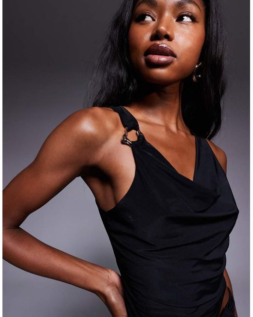 Missy Empire Black Double Sculpted Slinky Metal Detail Asymmetric Cowl Top Co-Ord