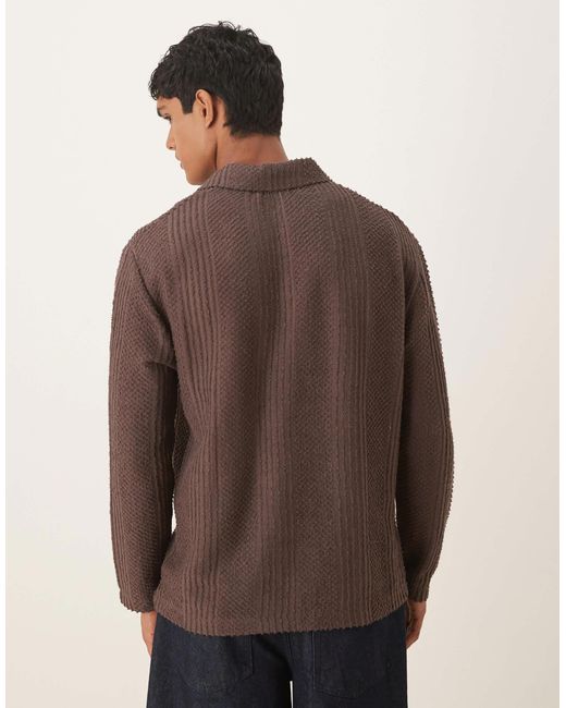 ASOS – langärmliges, strukturiertes relaxed-fit-polohemd in Brown für Herren