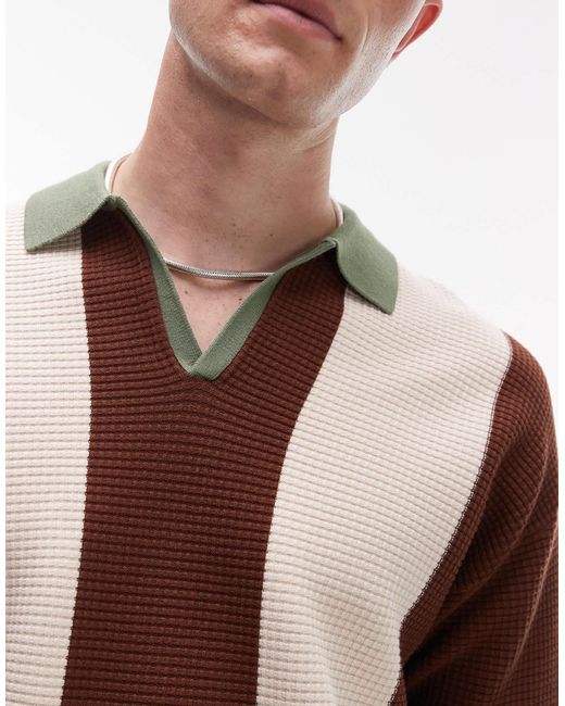 Topman Brown Colour Block Knitted Revere Polo for men