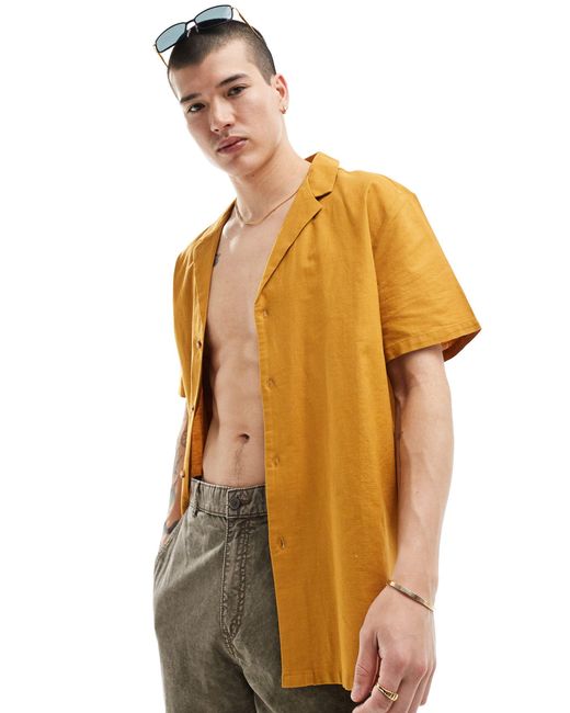 ASOS Yellow Relaxed Linen Blend Shirt With Deep Revere Collar for men