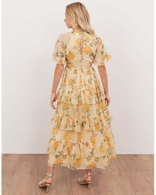 ANAYA Natural Floral Print Short Sleeve Tiered Midaxi Dress