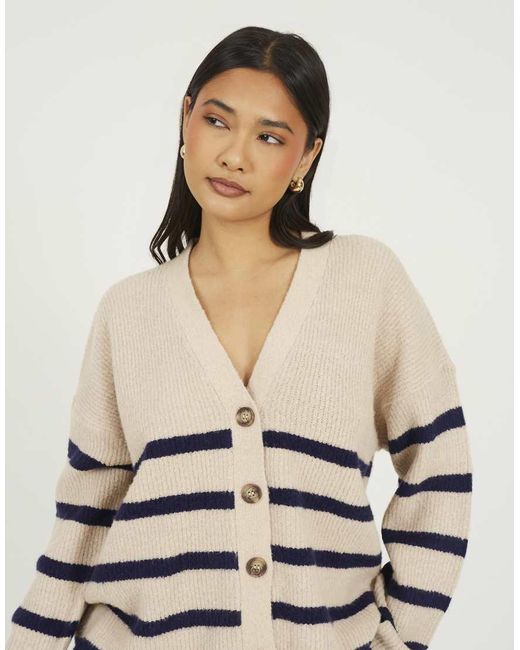 Brave Soul Natural Stripe V-Neck Fisherman Knit Cardigan