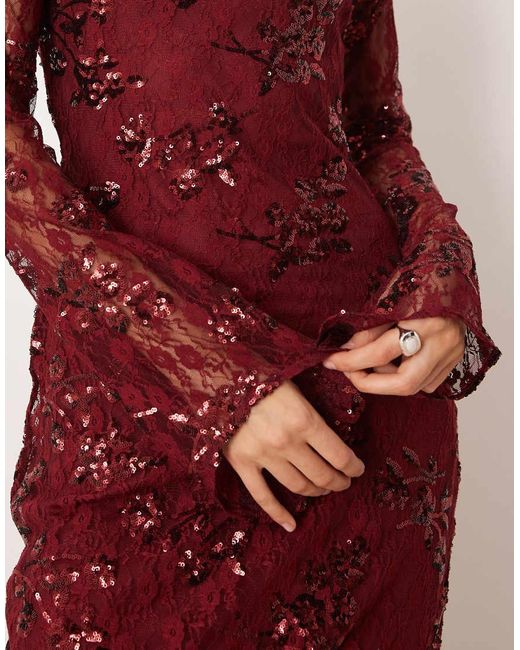 ASOS Red Long Sleeve Sequin Lace Maxi Dress