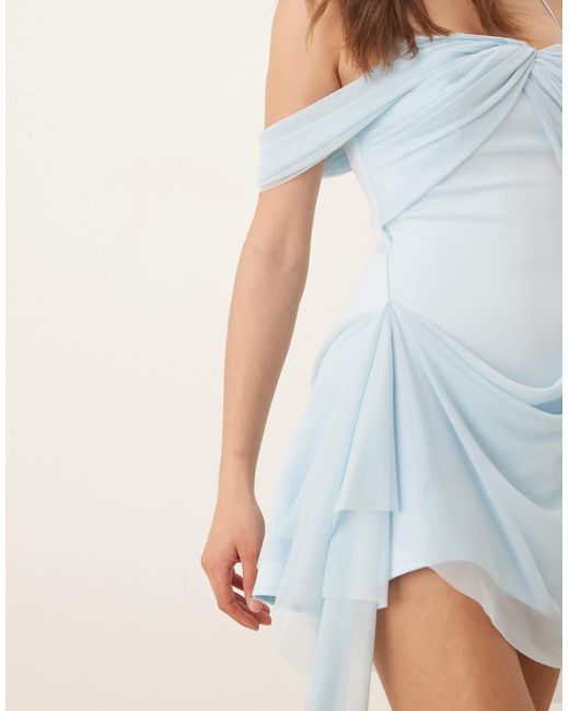 ASOS Blue Foam Mini Dress With Draped Mesh Overlay And Asymmetric Hem