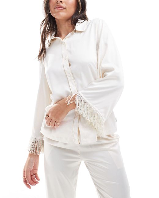 Chelsea Peers White Bridal Satin Short Sleeve Revere And Trouser Set With Tassel Detail