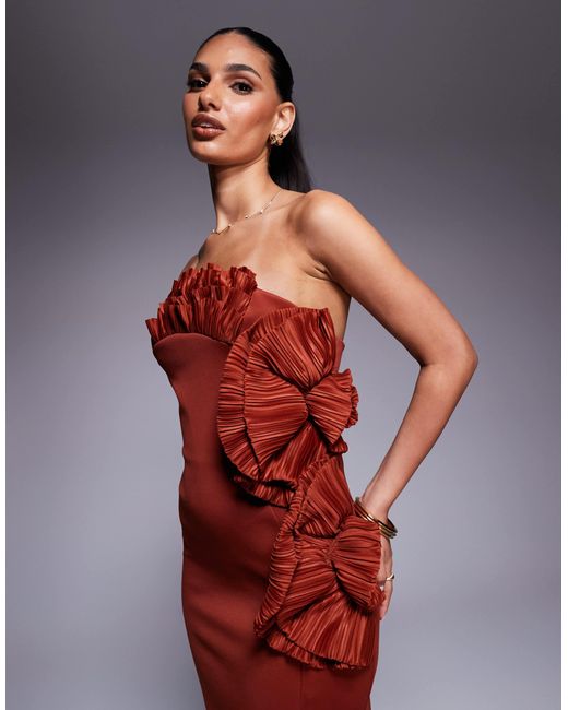 ASOS Bandeau Maxi Dress With Plisse Ruffle Fan Detail in Red | Lyst
