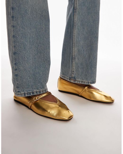 TOPSHOP Blue Babette Leather V Detail Ballet Flats