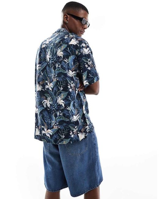 Jack & Jones Blue Revere Collar Tropical Print Short Sleeve Shirt for men