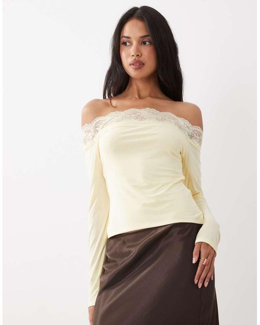 Fashionkilla Natural Exclusive Double Sculpted Slinky Lace Trim Bardot Long Sleeve Top