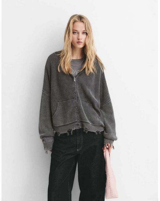 Pull&Bear Gray Ripped Zip-Up Cardigan