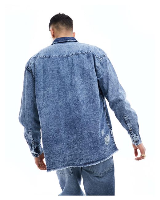 ASOS Blue 90s Oversized Shirt With Distressed Detail for men